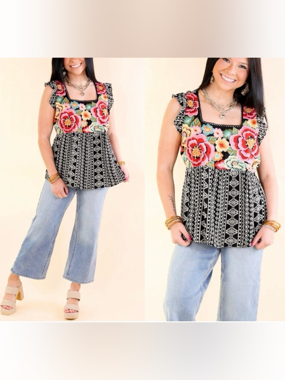 Savanna Jane Black Tunic with Multicolor Floral Embroidery 2X NWT